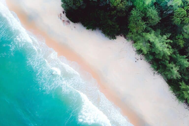 Aerial view of a tropical turquoise beach at golden hour