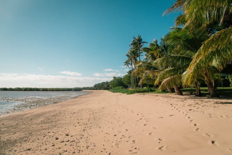A quiet, empty beach in soft light with footprints in the sand