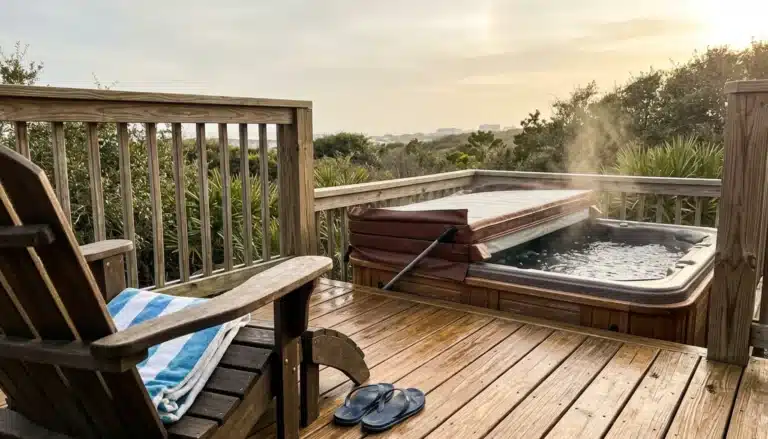 Private hot tub deck at Ocean Breeze, an airbnb vs hotel alternative for groups in Blue Mountain Beach