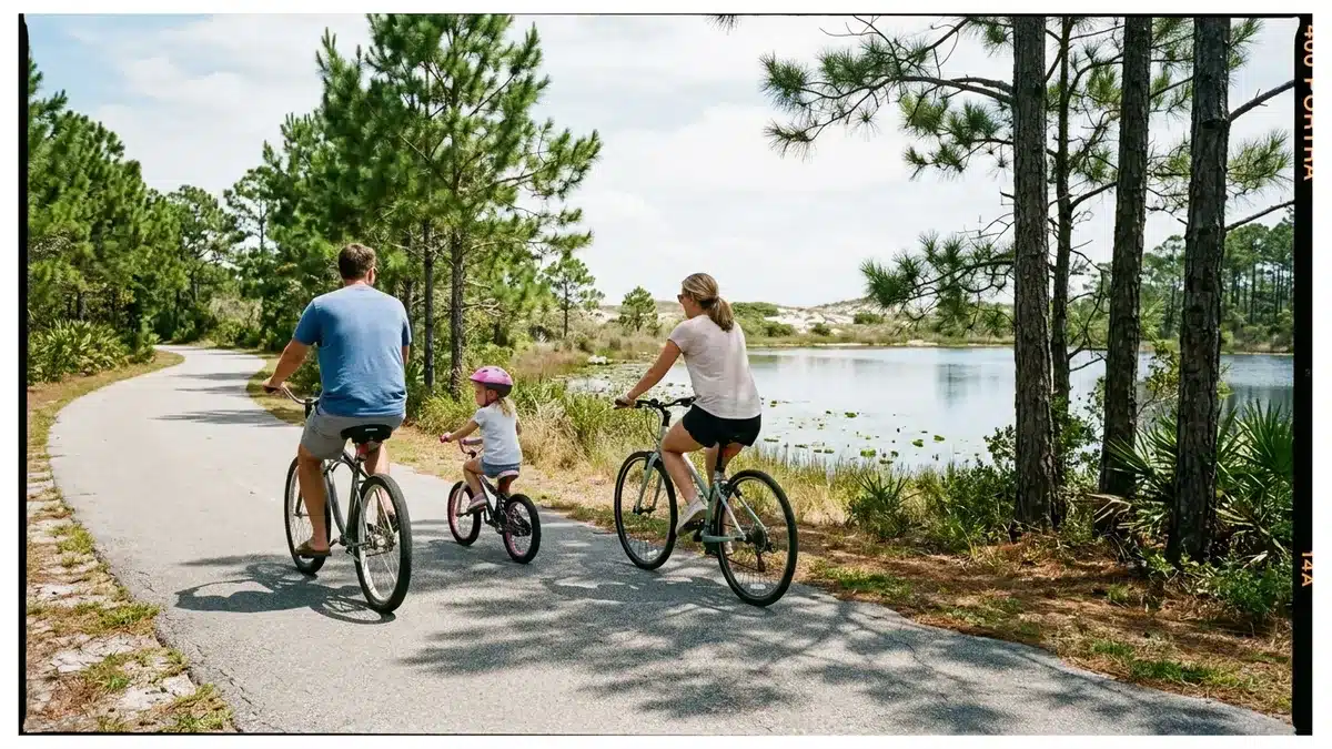 Family biking the Timpoochee Trail, a hidden gem Blue Mountain Beach visitors reach by bike