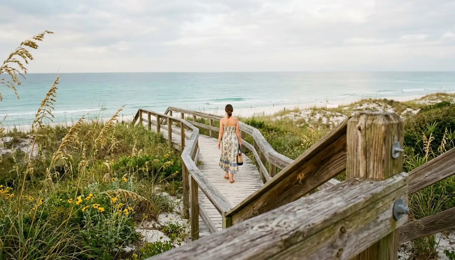 Boardwalk leading to the beach on a weekend getaway to Blue Mountain Beach, Florida