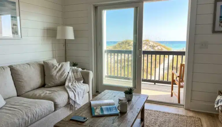 Bright coastal living room with Gulf view, one of the best places when deciding where to stay in Blue Mountain Beach, FL