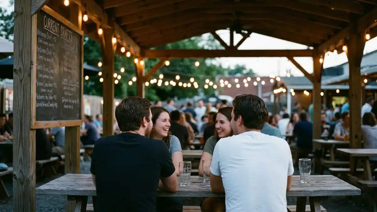 Outdoor beer garden stop on brewery tours near Blue Mountain Beach