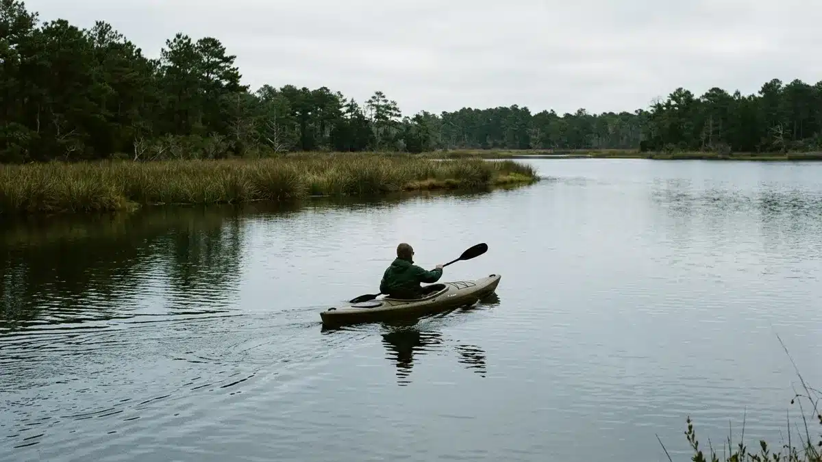 Kayaking a coastal dune lake near Blue Mountain Beach for outdoor adventure