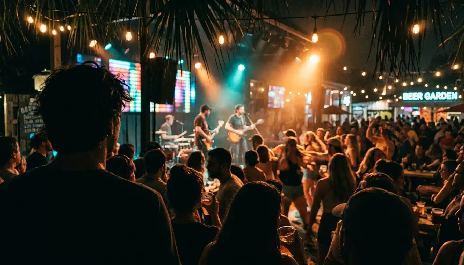 Crowd at an outdoor stage enjoying live music in Santa Rosa Beach, FL at dusk
