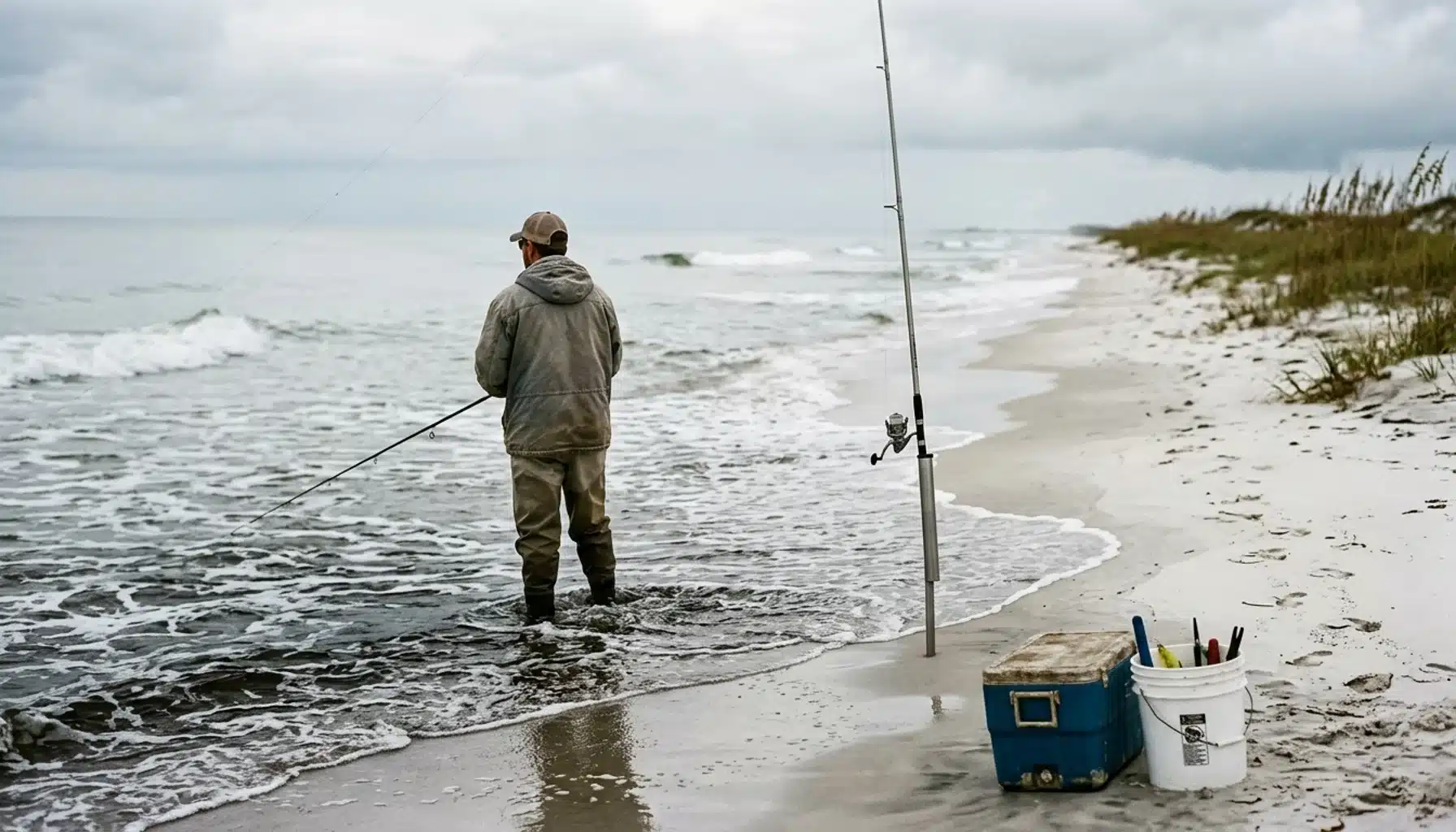Angler wading in Gulf surf, one of the fishing spots near Blue Mountain Beach, FL, with a surf rod set in the sand