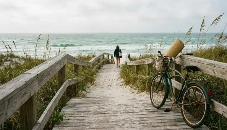 Boardwalk path to the Gulf reflecting local tips for visiting Blue Mountain Beach like a local