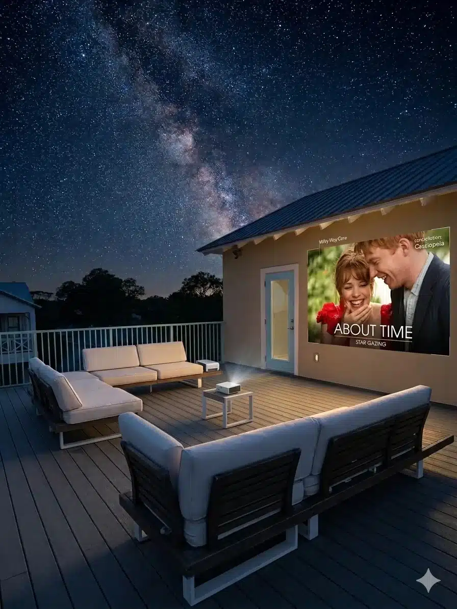 Rooftop lounge at night after live music in Santa Rosa Beach, FL, with seating and a movie screen under the stars