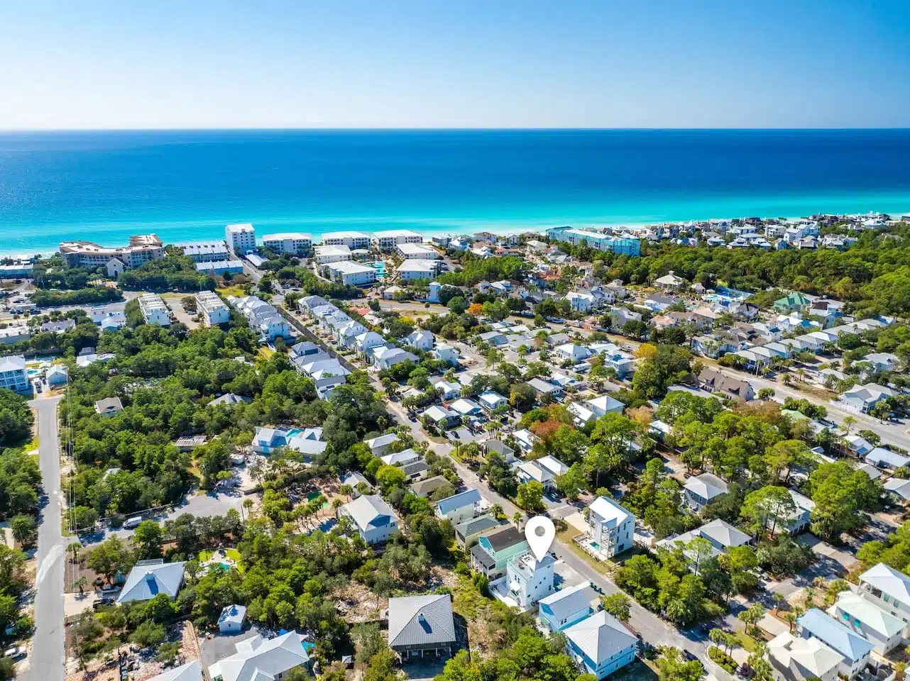 Aerial view of beachfront homes near the fishing spots near Blue Mountain Beach, Florida