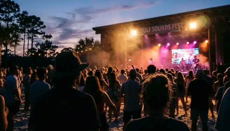 Crowd silhouettes at an evening concert, a lively stop along scenic drives near Blue Mountain Beach