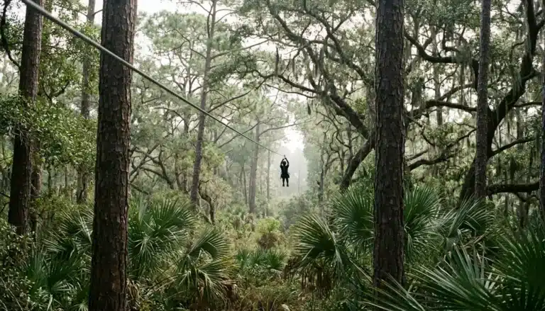 Zipline cable through coastal pines near Blue Mountain Beach, a look at zip lining Blue Mountain Beach options on 30A